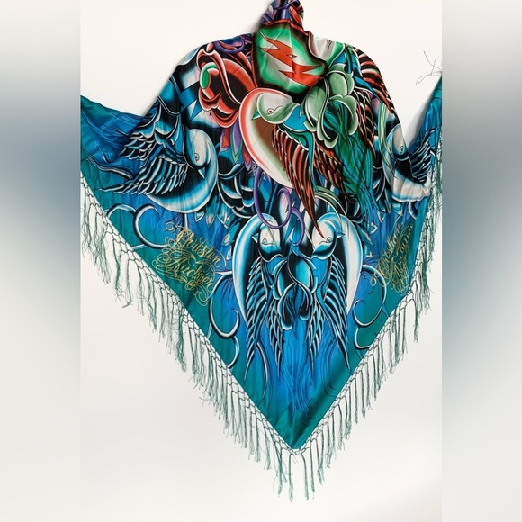 Ed Hardy Accessories - SCARF SHAWL WRAP ED HARDY 100% Silk Scarf Turquoise Aqua 40x40 Fringe Birds RARE